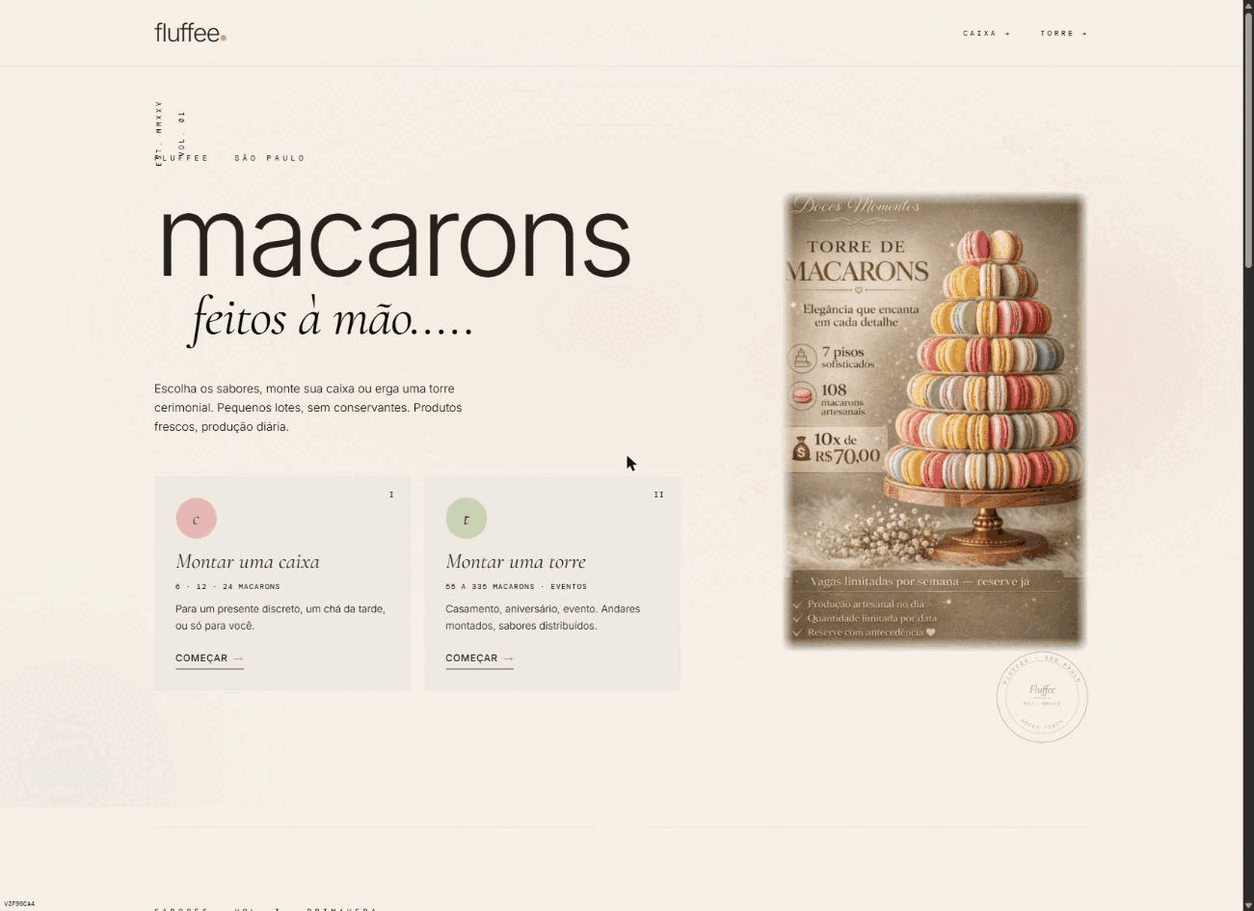 Fluffee live storefront: macaron tower hero, build-a-box and build-a-tower flows